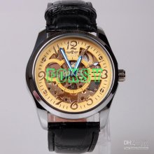 5pcs Fashion Mechanical Watch Gold Colour On The Watch Black Leather