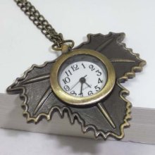 Antique Bronze Copper-toned Quartz Pocket Watch Maple Leaf Pendant Watch