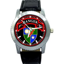 Army 3rd Bn 75th Airborne Rangers Regiment Crest Leather Band Watch