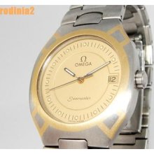 Auth Mens Omega Seamaster Gold Dial & Two Tone Wrist Watch Quartz Great