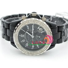 Automatic Mechanical Analog Date Ceramic Strap Rhinestones Case Black Watch