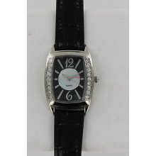 Avon Silvertone Rhinestone Bezel Watch With Black Leather Strap