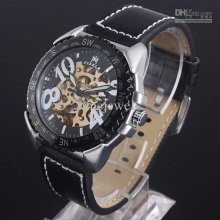 Bargain Big Numerals Black Case Leather Automatic Mechanical Men Wri