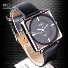 Bariho Black Leather Black Dial Square Quartz Wristwatch Silver-tone