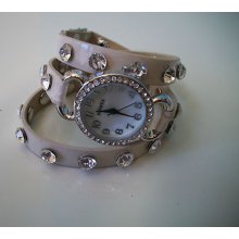 Beige/silver Wrap Around Watch With Bling Sparkly Rhinestones Crystals