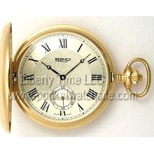 Bernex 22108 Swiss Oversized Satin Gold Plated Pocket Watch - Hunting Case