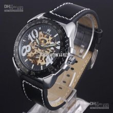 Big Numerals Black Case Leather Automatic Mechanical Men Wristwatch