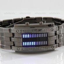 Binary Digital Watch Blue Led Watch Metal Alloy Band Boys Mens Watch Summer Gift