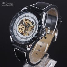 Black Cool Case Rim Automatic Mechanical Wristwatch Black Leather Ba