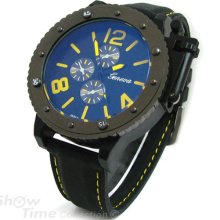 Black Gun Yellow Stitch Geneva Hard Rubber Oversized Sport Men's Watch