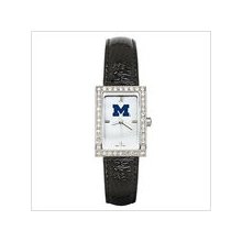 Black Leather University of Michigan Watch W/ Cz Frame