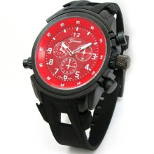 Black Red Geneva Round Heavy Case Hard Rubber Oversized Sport Men's Watch