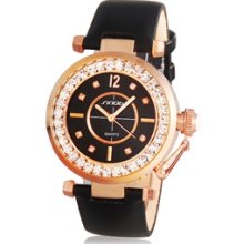 Black SINOBI Women's Jeweled Analog Watch with Faux Leather Strap