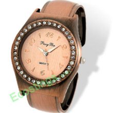 Bronze Rose Gold Color Rhinestone Bangle Cuff Watch