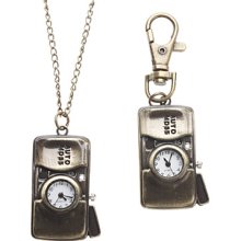 Bronze Unisex Camera Style Alloy Analog Quartz Keychain Necklace Watch