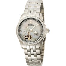 Bulova Watch 96r122 44 Diam Automatic White Mother Of Pearl - Open Heart Window