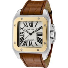 Cartier Watches Large Santos 100 Automatic 18k Gold and Brown Alligato