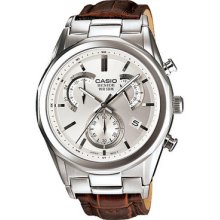 Casio Bem509l-7a Beside Brown Leather Chronograph Silver Dial Dress Watch