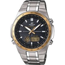 Casio Mens Edifice Calendar Day/Date Watch w/Two-Tone Round Case, Black Dial and ST Band