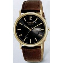 Citizen Eco Drive Men`s Gold Watch W/ Black Dial And Brown Leather Strap