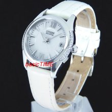 Citizen Ladies Eco-drive Date 24 Swarovski Stones White Leather Eo1041-03b