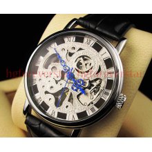 Classic Men's Steampunk Black Leather Luxury Stainless Steel Mechanical Wrist Watch