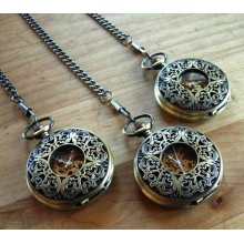 Classic Wedding Set of Three Gold Filigreed Mechanical Pocket Watches with Chains