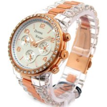 Clear Rose 3d Designer Style Rhinestones Women's Watch