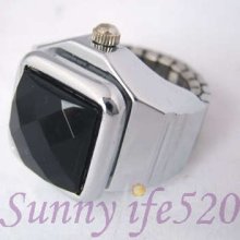 Cool Black Multisection Stone Crystal Stainless Steel Men Lady Finger Ring Watch