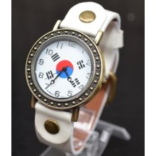 Cute Women Girl Boys Unisex Leather Bracelet Wristwatch South Korea's Flag