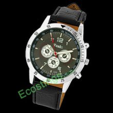 Dial Leather Watchband Round Men's Quartz Watch