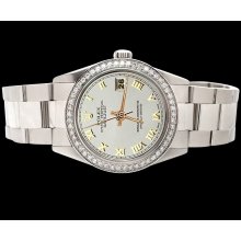 Diamond bezel SS oyster bracelet datejust watch white roman dial rolex