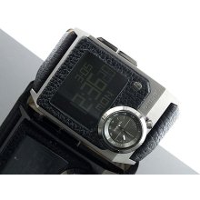 Diesel Men's Analog-Digital Dual Time Zone Black Leather Strap Watch MSRP $240 - Black - Leather