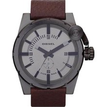 Diesel Silver Dial Brown Strap Canteen Watch - Jewelry