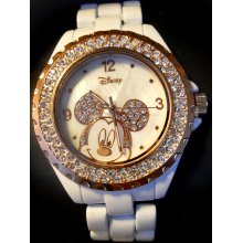 Disney Mickey Watch Rhinestone White New Rose Gold Color Bezel Mother Of Pearl - Gold - Gold Tone - 7