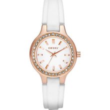 Dkny Ny8220 Women's White Silicone Strap Rose Gold Tone Crystal White Dial Watch