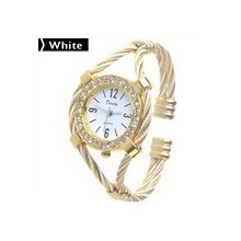 Exquisite Bangle Bracelet Quartz Wrist Watch With Twisted Loop Rhinestones White