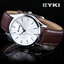Eyki Mens Luxury Silver Case White Dial Analog Leather Quartz Wrist Watch Usts
