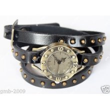 Fashion&beauty Black Leather Retro Style Men's Women's Quartz Hands Watch