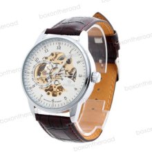 Fashion Brown See Through Skeleton Dial Men Women Mechanical Wrist Watch 26