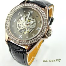 Fashion Ladies Bling Crystal Transparent Skeleton Automatic Mechanical Watch