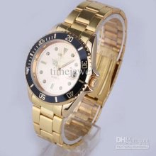 Fashion Men's Golden Dial Black Rim Gold Stainless Steel Wristwatch