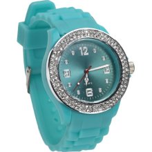 Fashion Sports Rhinestone Wrist Watch Rubber Digital Watch - Baby Blue