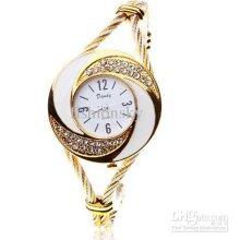 Fashionable Daudy White Dial Bracelet Wrist Watch With Rhinestone De