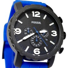 Fossil Men's Classic Sport Nate Stainless Steel Case Blue Silicone Bracelet Chronograph Black Tone Dial JR1426