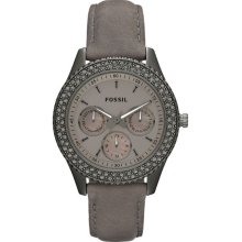 Fossil Womens Stella Crystal Chronograph Stainless Watch - Gray Leather Strap - Gray Dial - ES3127