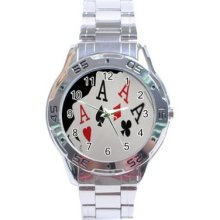 Four Of A Kind Aces Playing Cards Stainless Steel Analogue Watch Poker