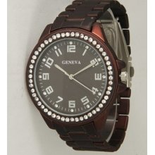 Geneva Boyfriend Style Watch Brown Fashion Designer Rhinestones 0404