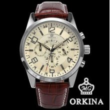 Genuine Orkina Brown Leather 24 Hours Analog Men Sport Quartz Watch Gift Usts