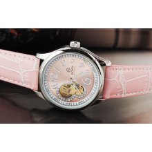 Goer Women Heart Skeleton Lady Automatic Mechanical Watch Pink Leather